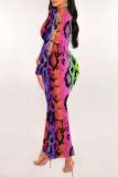 Colour Sexy Snakeskin Print Gradient Contrast U Neck One Step Skirt Dresses