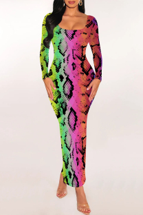 Colour Sexy Snakeskin Print Gradient Contrast U Neck One Step Skirt Dresses