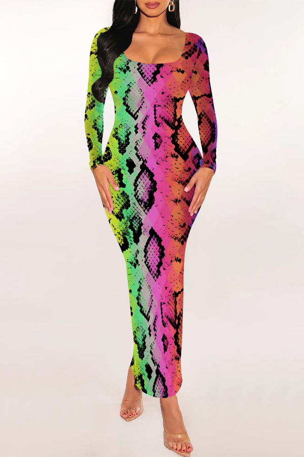 Colour Sexy Snakeskin Print Gradient Contrast U Neck One Step Skirt Dresses