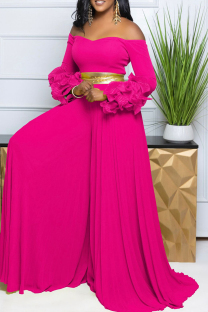Rose Red Casual Solid Color Patchwork Backless Zipper Ruffled Trim Off Shoulder Loose Jumpsuits