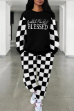 Grey Casual Street Plaid Letter Print Draw String Pocket Contrast O Neck Two Pieces