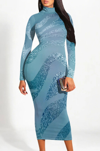 Blue Elegant Gradient Print Contrast Half A Turtleneck One Step Skirt Dresses