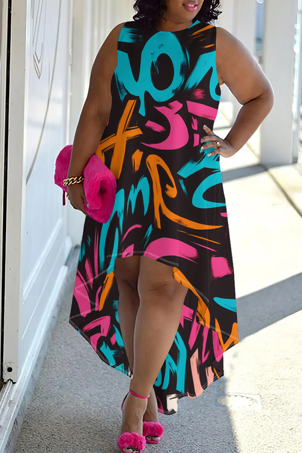 Blue Black Casual Print Patchwork O Neck Irregular Plus Size Dresses
