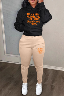 Khaki Casual Letters Draw String Pocket Patchwork Hooded Long Sleeve Two Pieces