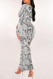 Colour Sexy Snakeskin Print Gradient Contrast U Neck One Step Skirt Dresses