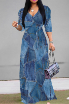 Medium Blue Casual Faux Denim Print Lace Up Contrast V Neck Printed Dresses