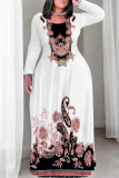 Black And White Casual Street Floral Print Contrast O Neck Printed Plus Size Dresses