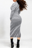 Silver Gray Elegant Gradient Print Contrast Half A Turtleneck One Step Skirt Dresses