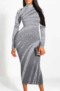 Silver Gray Elegant Gradient Print Contrast Half A Turtleneck One Step Skirt Dresses