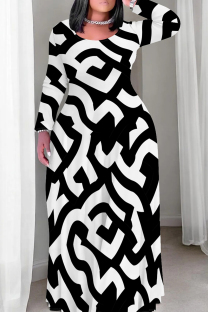 Black And White Casual Print Patchwork O Neck Long Plus Size Dresses