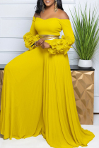Yellow Casual Solid Color Patchwork Backless Zipper Ruffled Trim Off Shoulder Loose Jumpsuits