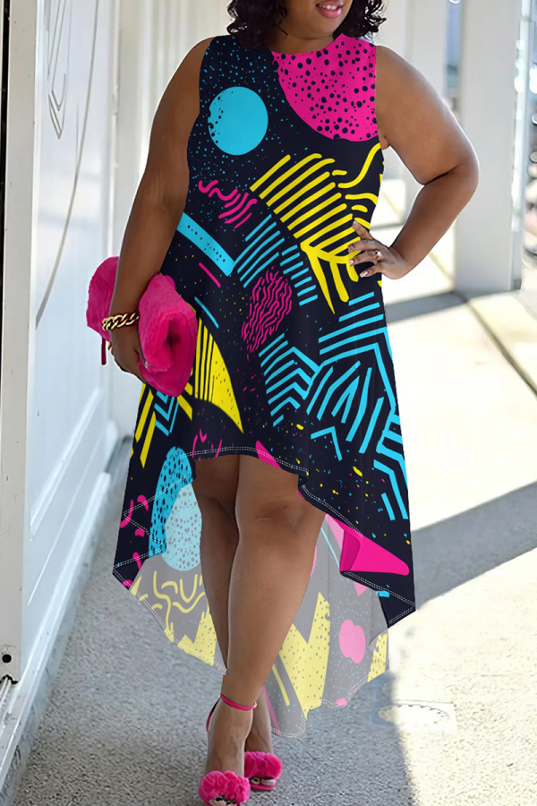 Black Yellow Casual Print Patchwork O Neck Irregular Plus Size Dresses