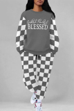 Grey Casual Street Plaid Letter Print Draw String Pocket Contrast O Neck Two Pieces