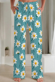 Cyan Casual Print Patchwork Loose Mid Waist Straight Full Print Bottoms