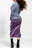 Silver Gray Elegant Gradient Print Contrast Half A Turtleneck One Step Skirt Dresses