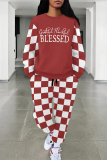Grey Casual Street Plaid Letter Print Draw String Pocket Contrast O Neck Two Pieces