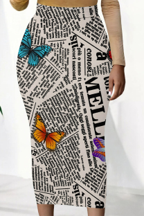 Beige Casual Butterfly Newspaper printing Contrast Regular High Waist Full Print Bottoms