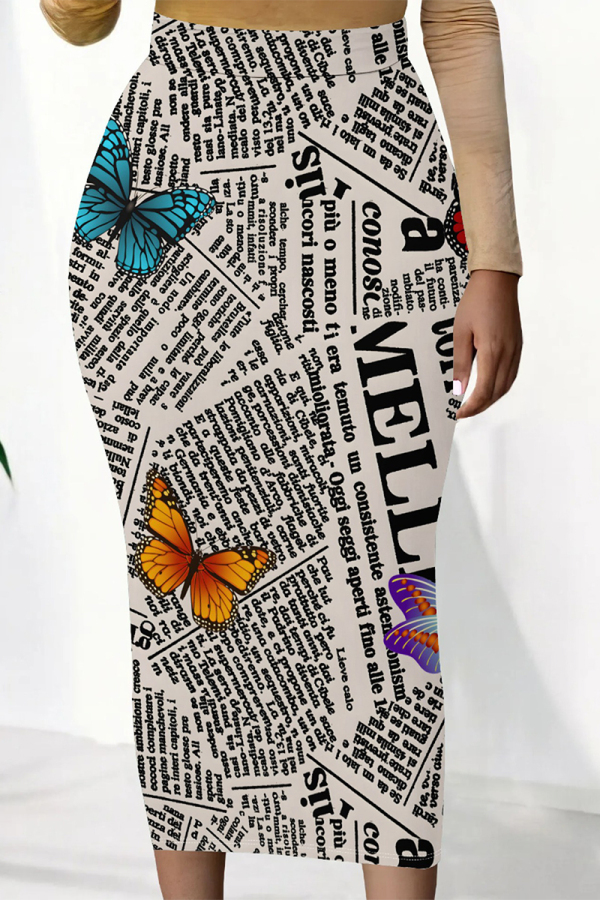 Beige Casual Butterfly Newspaper printing Contrast Regular High Waist Full Print Bottoms