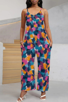 Blue Purple Casual Print Pocket Patchwork Spaghetti Strap Loose Jumpsuits
