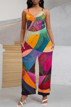 Colour Casual Print Pocket Patchwork Spaghetti Strap Loose Jumpsuits