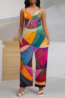 Colour Casual Print Pocket Patchwork Spaghetti Strap Loose Jumpsuits