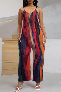 Fuchsia Casual Print Pocket Patchwork Spaghetti Strap Loose Jumpsuits