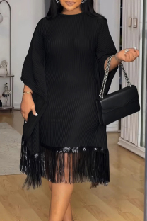 Black Elegant Solid Color Fringed Trim Patchwork O Neck Long Plus Size Dresses