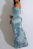 Colour Sexy Floral Print Ruffle Contrast Off Shoulder Long Dresses
