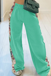 Cyan Casual Print Patchwork Loose Mid Waist Conventional Patchwork Bottoms
