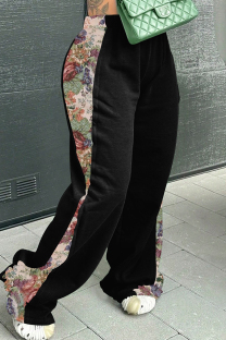 Black Casual Print Patchwork Loose Mid Waist Conventional Patchwork Bottoms