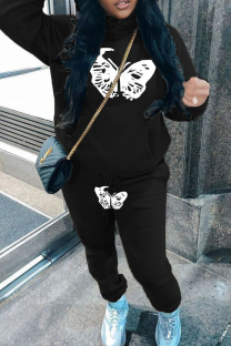 Black Casual Print Draw String Pocket Patchwork Hooded Long Sleeve Two Pieces