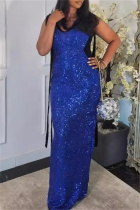 Blue Sexy Formal Patchwork Sequins Belted Contrast V Neck Evening Dresses