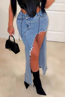 Blue Sexy Solid Color Pocket Buttons Patchwork High Slit Mid Waist Regular Denim Skirts
