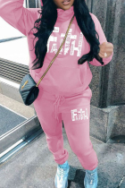 Pink Casual Letters Draw String Pocket Patchwork Hooded Long Sleeve Two Pieces