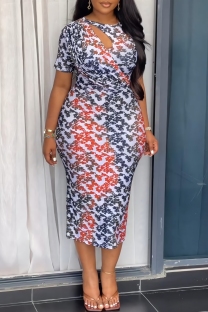 Multi-color Elegant Gradient Print Slit Zipper O Neck Wrapped Skirt Dresses