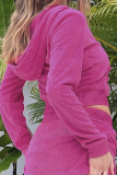 Rose Red Casual Solid Color Pocket Patchwork Zipper Zipper Collar Long Sleeve Two Pieces