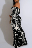 Colour Sexy Floral Print Ruffle Contrast Off Shoulder Long Dresses