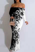 Black And White Sexy Floral Print Ruffle Contrast Off Shoulder Long Dresses