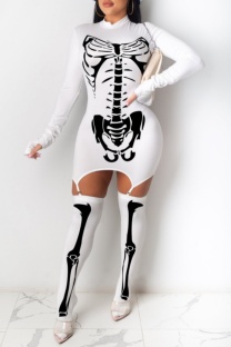 White Casual Print Patchwork Half A Turtleneck Long Sleeve Dresses (With Socks)