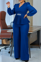 Blue Casual Solid Color Buttons Patchwork Pleated V Neck Long Sleeve Two Pieces