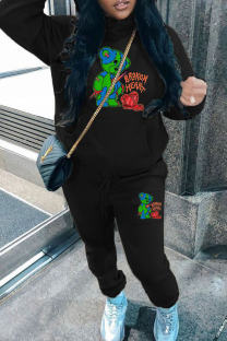 Black Casual Letters Draw String Pocket Patchwork Hooded Long Sleeve Two Pieces