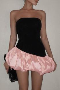 Black Sexy Patchwork Backless Contrast Strapless A Line Dresses
