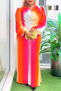 Red Casual Gradient Print Pants Pile Heap Collar Long Sleeve Two Pieces
