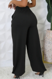 Black Casual Solid Color Pocket Patchwork Strap Design Loose Mid Waist Conventional Patchwork Bottoms