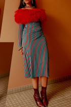 Red Sexy Stripe Lace Patchwork Backless Off Shoulder Long Dresses
