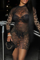 Leopard Print Sexy Print Patchwork See-Through O Neck Wrapped Skirt Dresses
