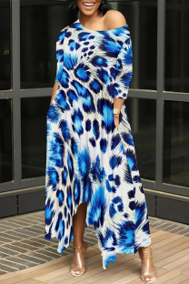 Blue Casual Street Camouflage Print Snakeskin Print Pocket Irregular Contrast O Neck Irregular Dresses