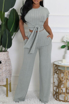 Grey Casual Solid Color Pocket Patchwork Strap Design O Neck Short Sleeve Two Pieces