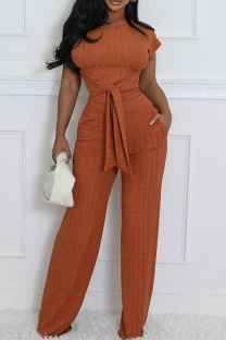 Brown Casual Solid Color Pocket Patchwork Strap Design O Neck Short Sleeve Two Pieces