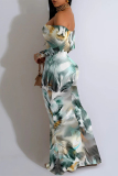 Colour Sexy Floral Print Ruffle Contrast Off Shoulder Long Dresses